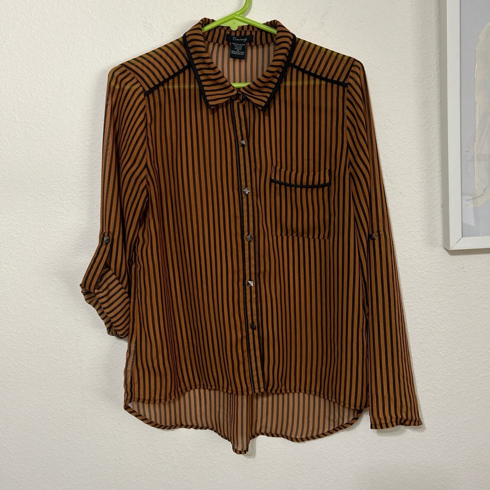 Timing Sheer Striped Button-Down Blouse with High-Low Hem (Size M)